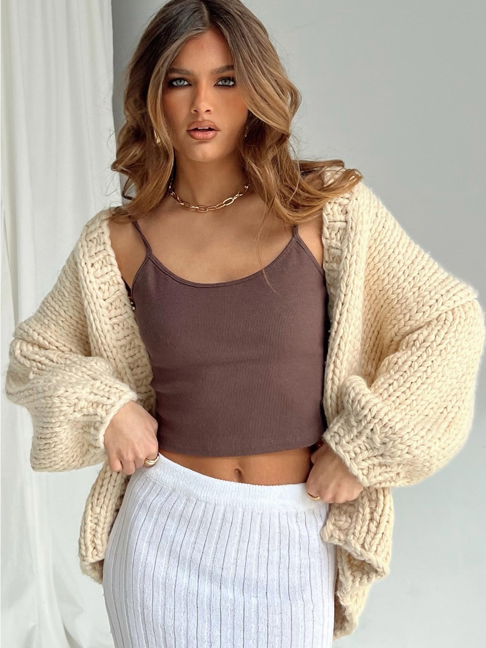 Princess Polly Chunky Cream Open-Front Cardigan